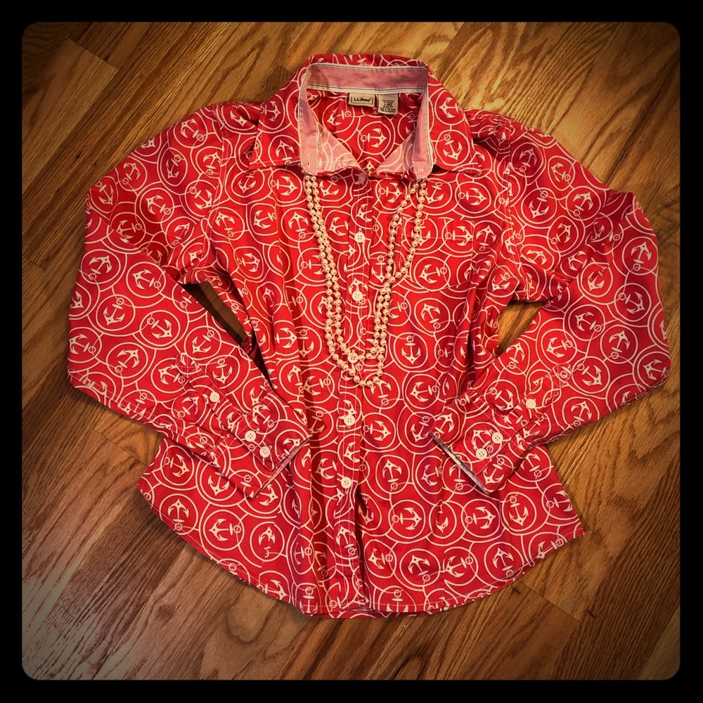 L.L.Bean button-up in a pretty coral anchor.